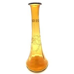 Amber Glass Etched Vase  9 1/2” tall